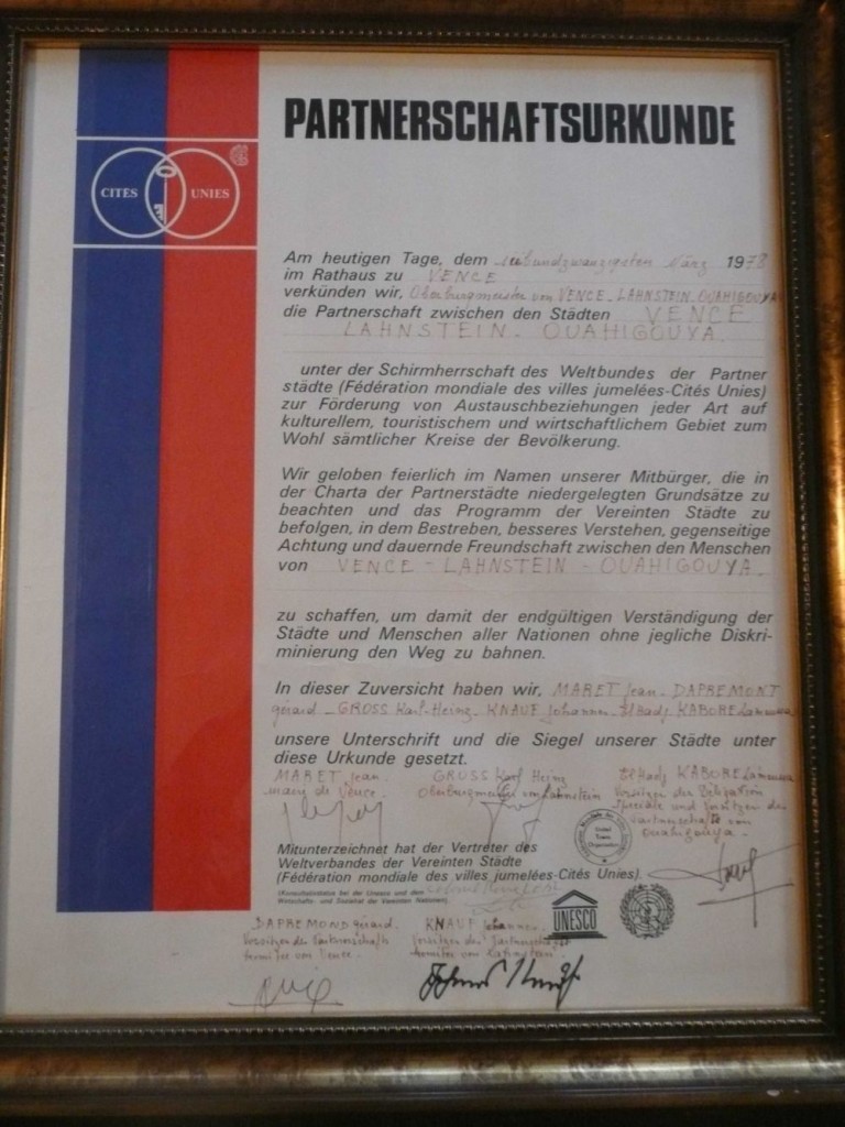 Vence Urkunde Partnerschaft 1978